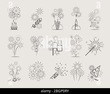 Fireworks with sparks, black and white linear vector illustration. For ...