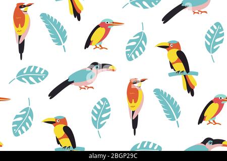 Pattern of tropical birds. Bright exotic tropical birds. Macaw, Cockatoo, flamingo, toucan. Vector. Stock Vector