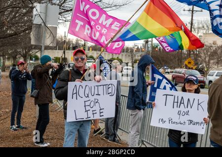 CHARLOTTE, NORTH CAROLINA/USA - February 7, 2020: Supporters of President Donald Trump celebrate his impeachment acquittal in Charlotte, NC Stock Photo
