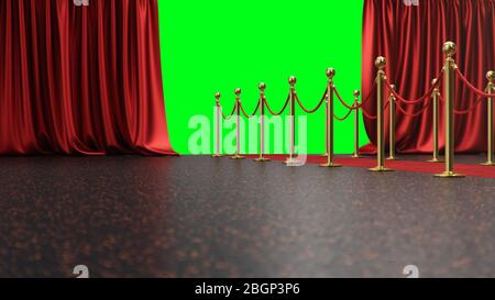 Awards show background with red curtains open on green screen. Red velvet carpet between golden barriers connected by a red rope. Curtains theater Stock Photo
