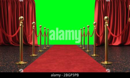 Awards show background with red curtains open on green screen. Red velvet carpet between golden barriers connected by a red rope. Curtains theater Stock Photo