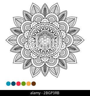 Circle black and white mandala ornament antistress coloring page with colors samples Stock Vector