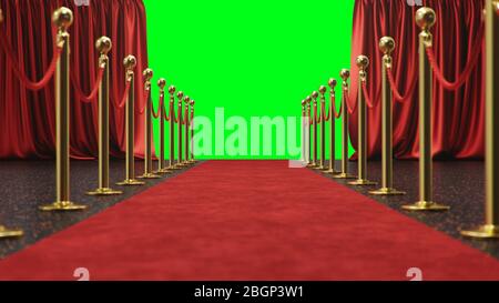 Awards show background with red curtains open on green screen. Red velvet carpet between golden barriers connected by a red rope. Curtains theater Stock Photo