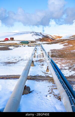 Winter view of Bjarnarflag Geothermal Power Station, near Krafla volcano, Iceland. This is one of the oldest in Iceland and has been operational for 4 Stock Photo