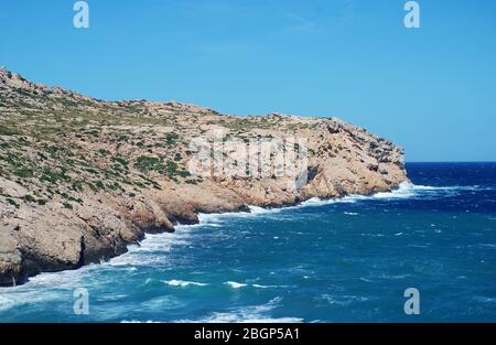 Rough seas at Cala Barques in Cala San Vicente on the Spanish island of Majorca. Stock Photo