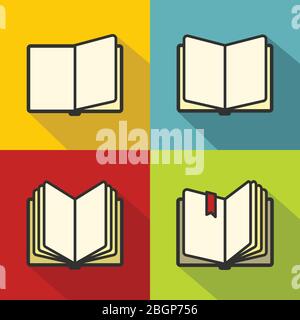 Book icons with long shadow in colored flat line style Stock Vector