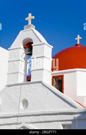 Red domed church in Mykonos Town, Island of Mykonos, Cyclades, Greece, Europe Stock Photo