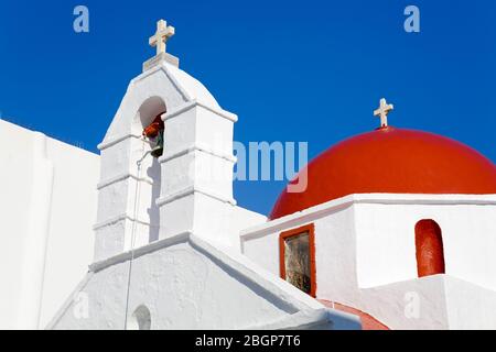 Red domed church in Mykonos Town, Island of Mykonos, Cyclades, Greece, Europe Stock Photo