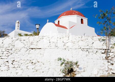 Red domed church in Mykonos Town, Island of Mykonos, Cyclades, Greece, Europe Stock Photo