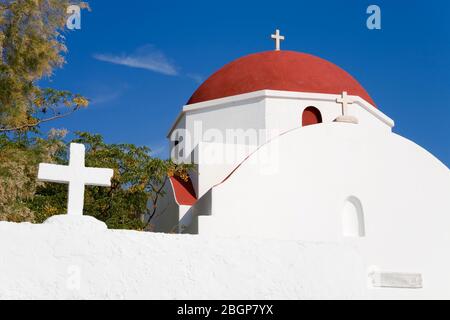 Red domed church in Mykonos Town, Island of Mykonos, Cyclades, Greece, Europe Stock Photo