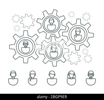 User profile line icons and people gears interaction structure. Vector illustration Stock Vector