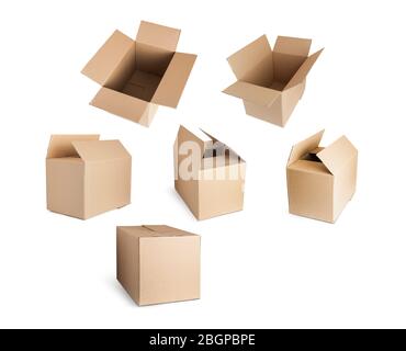 Cardboard boxes close and open. Isolated on white background. Stock Photo