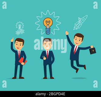 Businessman with bulb and rocket. Business idea concept. Vector illustration Stock Vector