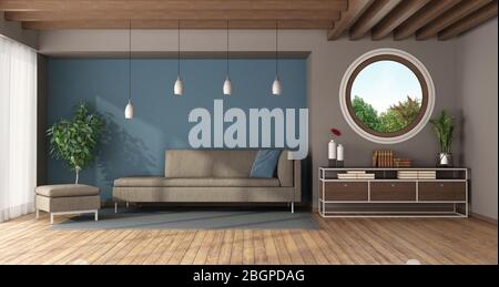 Blue and modern modern living room with round window, sofa,footstool and sideboard - 3d rendering Stock Photo
