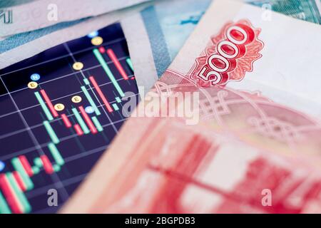 Depreciation ruble exchange rate on international stock and Russian shares of oil and gas enterprises Stock Photo