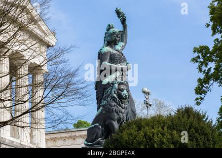 Side view of the Bavaria Statue. The sculpture is overlooking Theresenwiese, the location of the Oktoberfest. The statue was inaugurated in 1850. Stock Photo