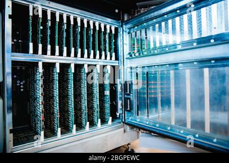 Close-up of microcircuit board for server computer, blue color Stock Photo