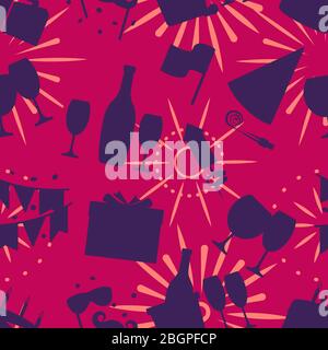 Celebration seamless pattern with fireworks drinks giftbox silhouette vector Stock Vector