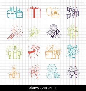 Celebration line icons set with drinks and garland, fireworks and cake on notebook page vector illustration Stock Vector