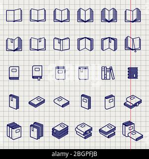 Education icons set of books thin line icons on notebook page Stock Vector