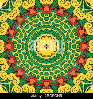 Beautiful full frame yellow and green geometric design in a circular pattern with row of hearts Stock Vector