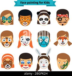 Face painting icons. Kids faces with animals and heroes painting. Vector illustration Stock Vector