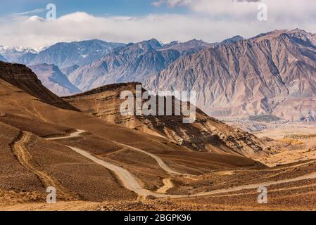 view of the Ladakh Range of Mountains from Leh in India Stock Photo