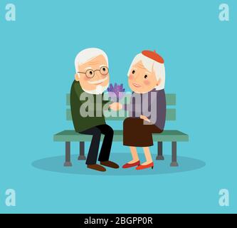 Lovely old couple sitting on bench. Vector illustration Stock Vector