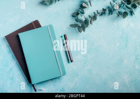 Top view of blue and brown notebooks, and fineliner markers with green eucalyptus plants on turquoise rustic desk background. Stock Photo