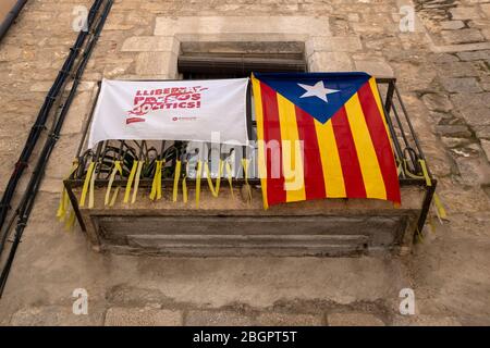 Catalan flag on a balcony to symbolize the fight for Catalonia independence from Spain Stock Photo