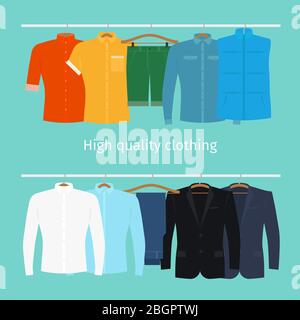 Clothes on hangers. Mens clothes in flat style vector illustration Stock Vector