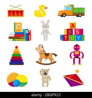 Kids toys flat icons set on white background. Drum and truck, ball and whirligig Stock Vector