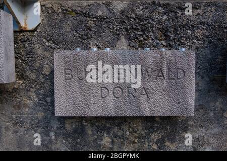 Ljubelj, Slovenia - August 09, 2019: Remains of Camp Loibl in Slovenia. Memorial Plaques with names of Concentration Camps. Memorial park Mauthausen Stock Photo