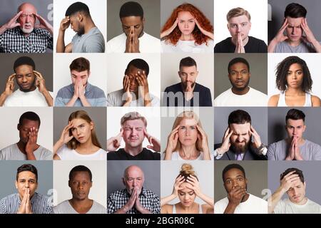 Collage with diverse people suffering from headache, stress or problems Stock Photo