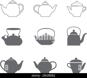 Tea pots set. Vector line tea pots icons and tea pots silhouette symbols Stock Vector