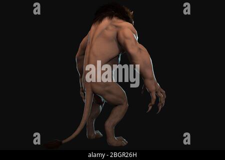 Fantasy character Humanoid Lion in epic pose - 3D render on black background Stock Photo