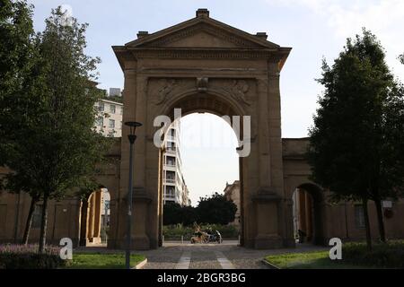 Milan, Italy -20 September 2019: gate Porta Nuova, Piazza Principessa Clothilde square in Milan, continuation of the Bastioni di Porta Nuova Stock Photo