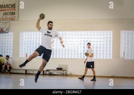 Afife, Portugal - January 20, 2019: The A.D.Afifense handball team to do the warm-up moves at the start of the game will count CPN. Stock Photo