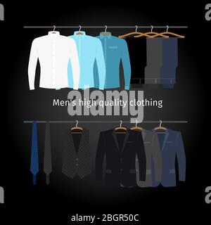 Business clothing on hangers. Mens casual clothing. Vector illustration Stock Vector