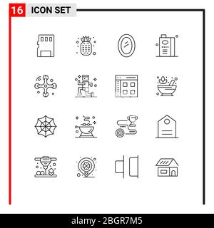 16 Thematic Vector Outlines and Editable Symbols of communications, fruit, furniture, food, and Editable Vector Design Elements Stock Vector