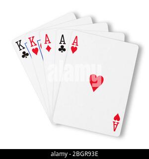 Full house aces over kings on white with clipping path to remove shadow Stock Photo