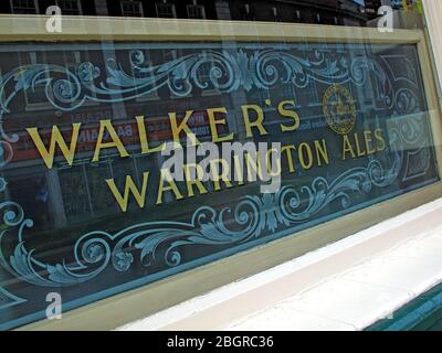 Walker’s Warrington Ales decorative glass sign at The Lower Angel CAMRA listed pub, Buttermarket Street, Warrington town centre. Stock Photo