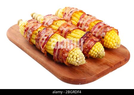 Grilled bacon wrapped corn, isolated on white Stock Photo