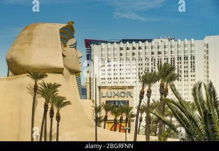 LAS VEGAS, NEVADA, USA - FEBRUARY 2019: Large sphinx outside the Luxor Hotel on Las Vegas Boulevard, which is also known as the Las Vegas Strip. Stock Photo