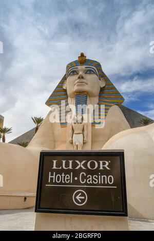 LAS VEGAS, NEVADA, USA - FEBRUARY 2019: Sign at the entrance to Luxor Hotel on Las Vegas Boulevard from the monorail system Stock Photo