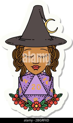 sticker of a human witch with natural twenty dice roll Stock Vector