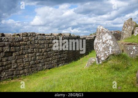 Hadrian's Wall, blockstone construction boundary in Northumberland National Park at Walltown Crags, England Stock Photo