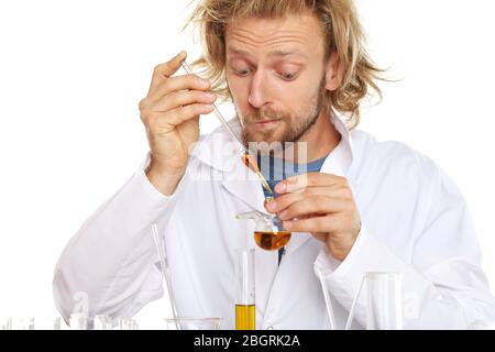 Crazy scientist working in laboratory Stock Photo