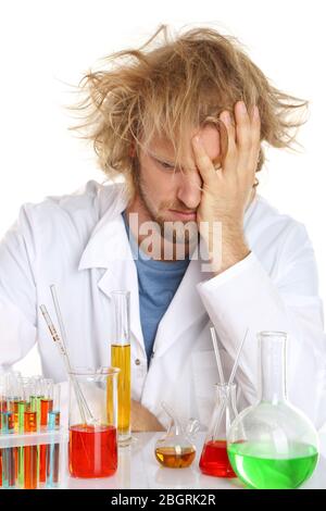 Crazy scientist working in laboratory Stock Photo