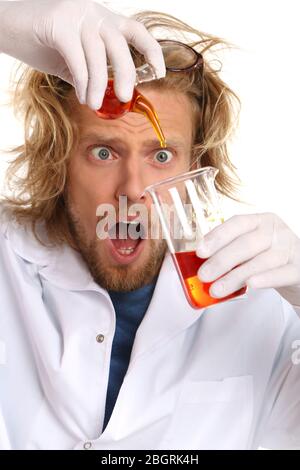 Crazy scientist working in laboratory Stock Photo